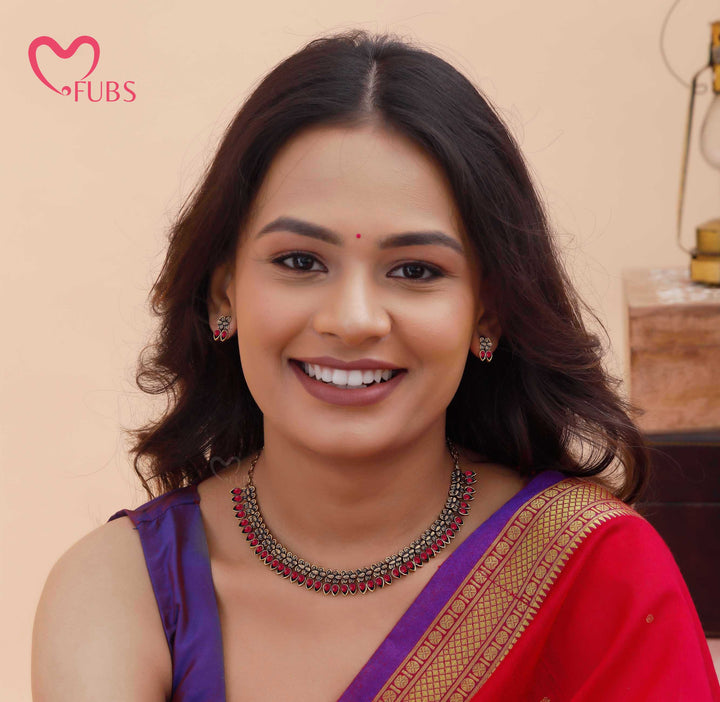 Oxidized Teardrop Necklace Set with Earrings