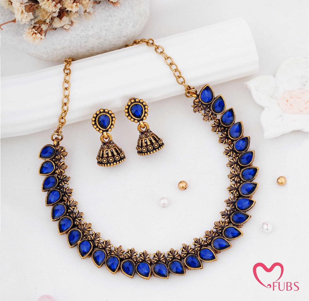 Antique Stone Choker Necklace Set with Earrings