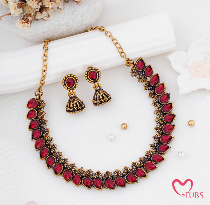 Antique Stone Choker Necklace Set with Earrings