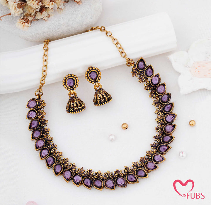 Antique Stone Choker Necklace Set with Earrings