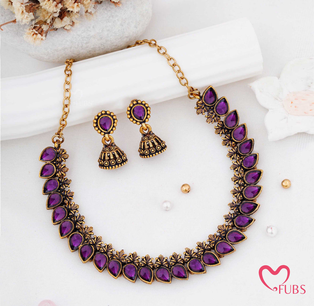 Antique Stone Choker Necklace Set with Earrings