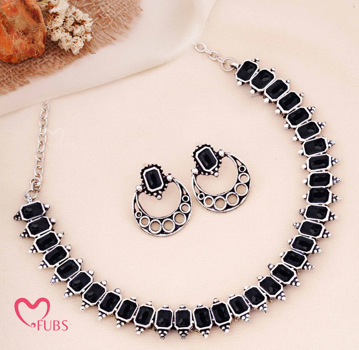 Oxidized Rectangular Stone Necklace with Crescent Earrings