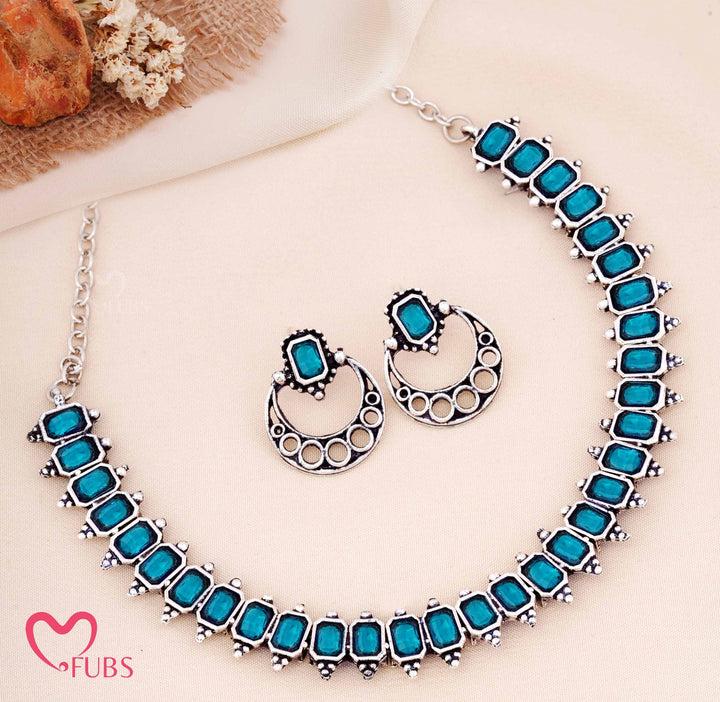 Oxidized Rectangular Stone Necklace with Crescent Earrings