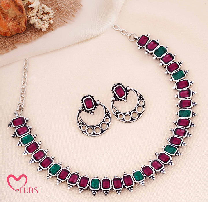 Oxidized Rectangular Stone Necklace with Crescent Earrings