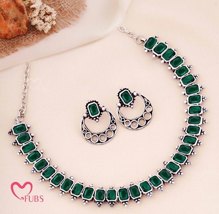 Oxidized Rectangular Stone Necklace with Crescent Earrings