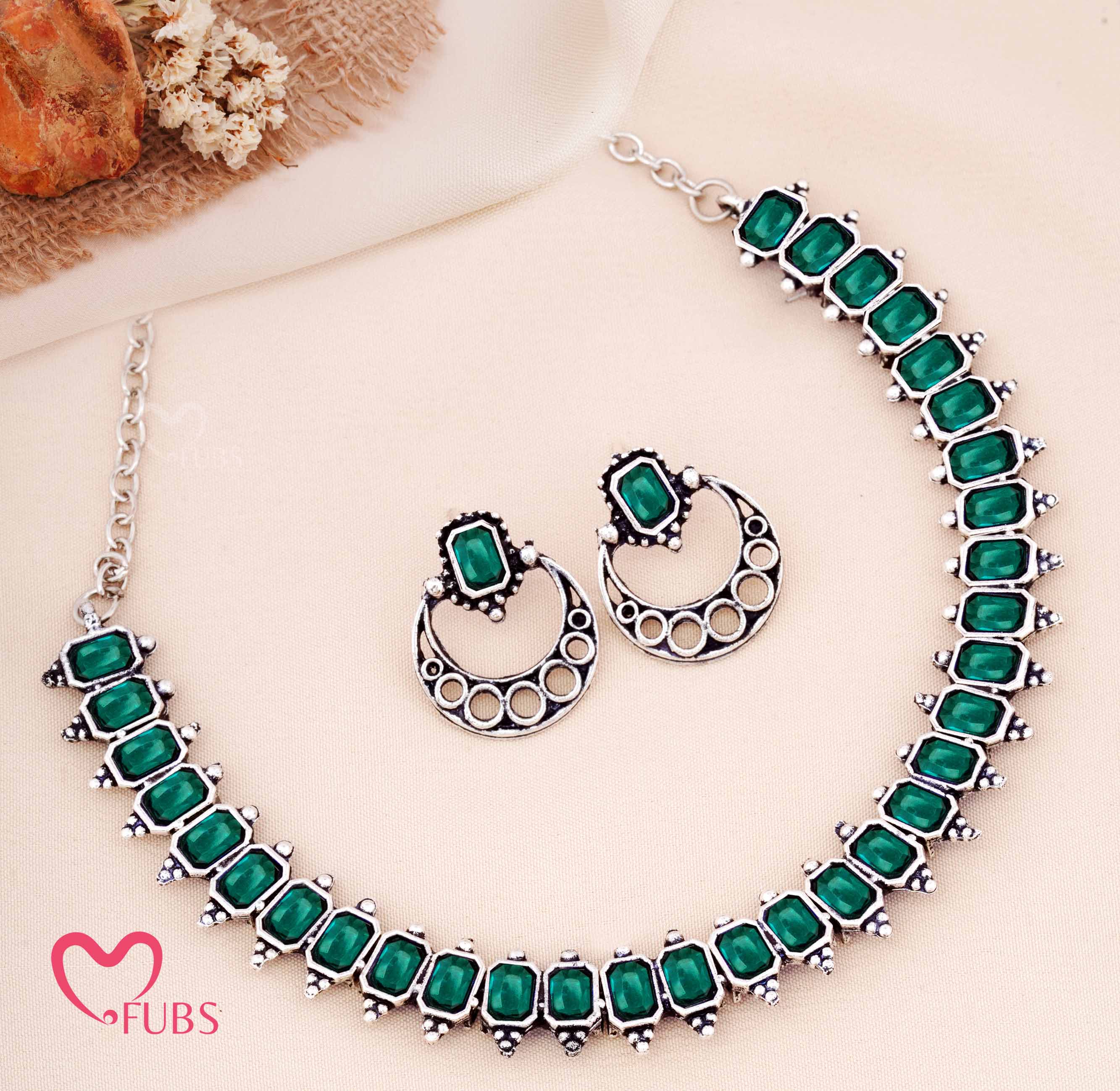 Oxidized Rectangular Stone Necklace with Crescent Earrings – FUBS