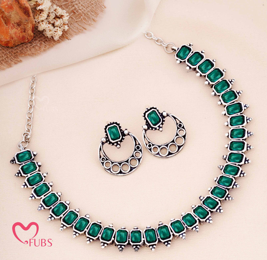 Oxidized Rectangular Stone Necklace with Crescent Earrings