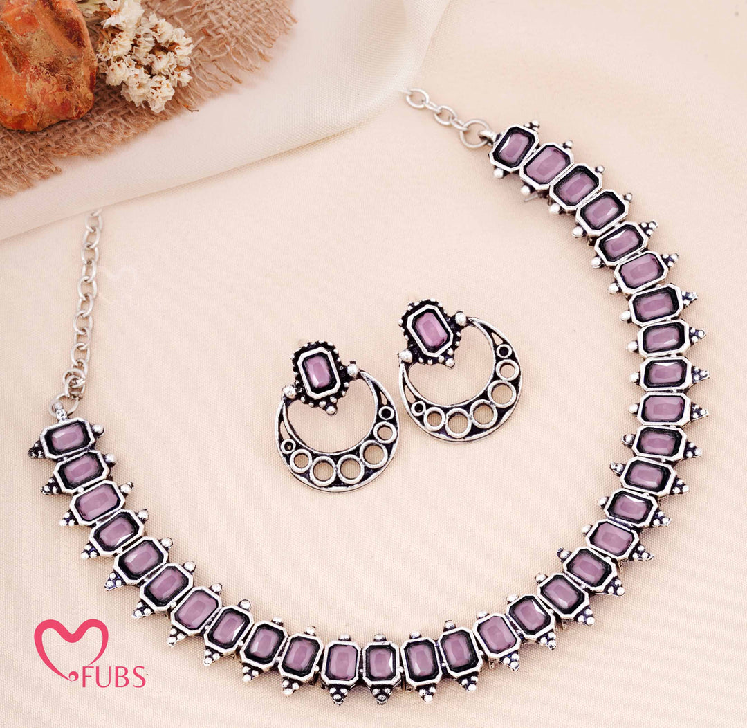 Oxidized Rectangular Stone Necklace with Crescent Earrings