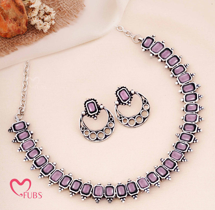 Oxidized Rectangular Stone Necklace with Crescent Earrings