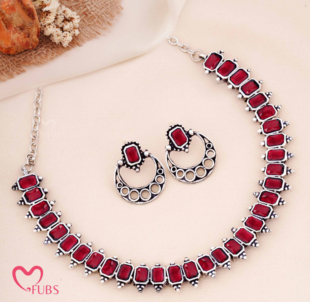 Oxidized Rectangular Stone Necklace with Crescent Earrings