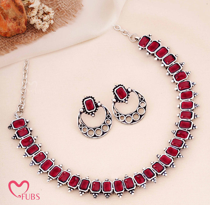 Oxidized Rectangular Stone Necklace with Crescent Earrings