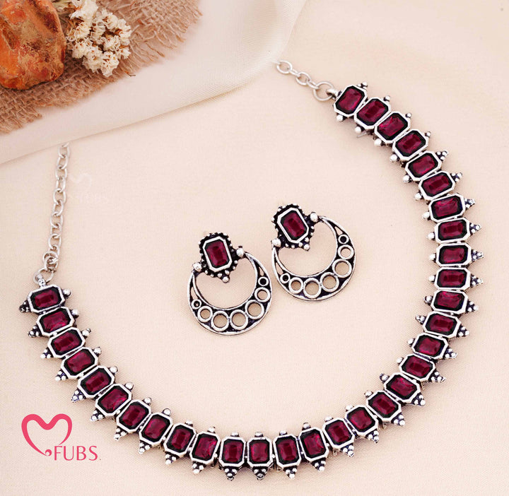 Oxidized Rectangular Stone Necklace with Crescent Earrings