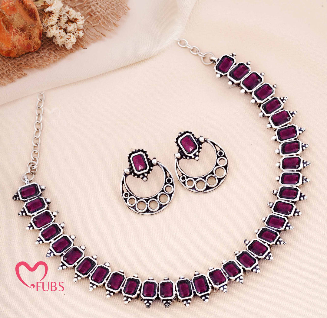 Oxidized Rectangular Stone Necklace with Crescent Earrings