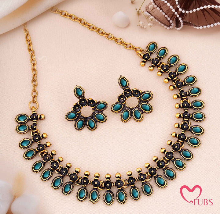 Traditional Oval Stone Necklace Set with Floral Earrings