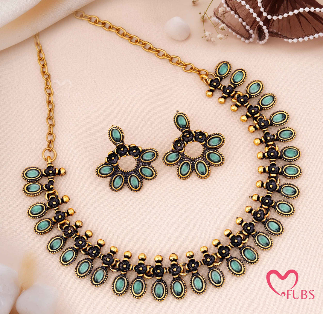 Traditional Oval Stone Necklace Set with Floral Earrings