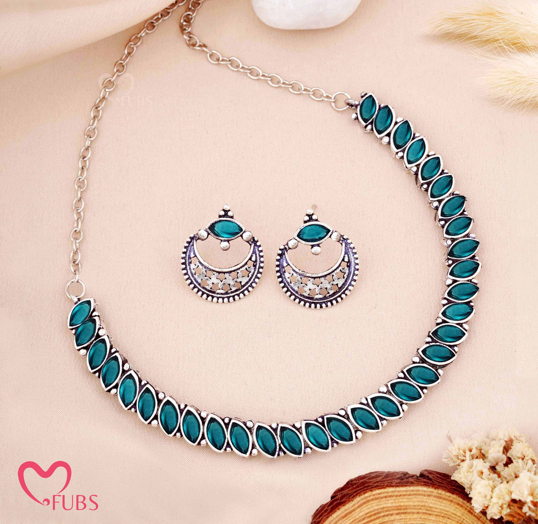 Antique Finish Stone Necklace Set with Matching Earrings