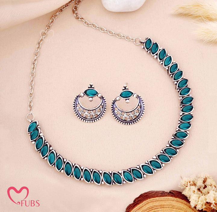 Antique Finish Stone Necklace Set with Matching Earrings