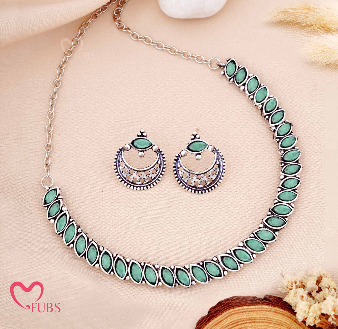Antique Finish Stone Necklace Set with Matching Earrings