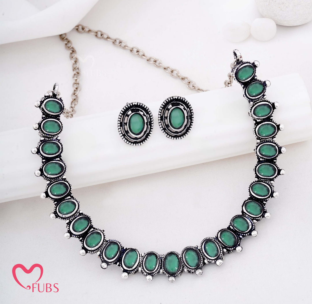Antique Oval Stone Necklace with Matching Stud Earrings