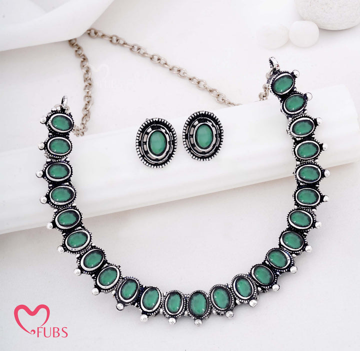 Antique Oval Stone Necklace with Matching Stud Earrings