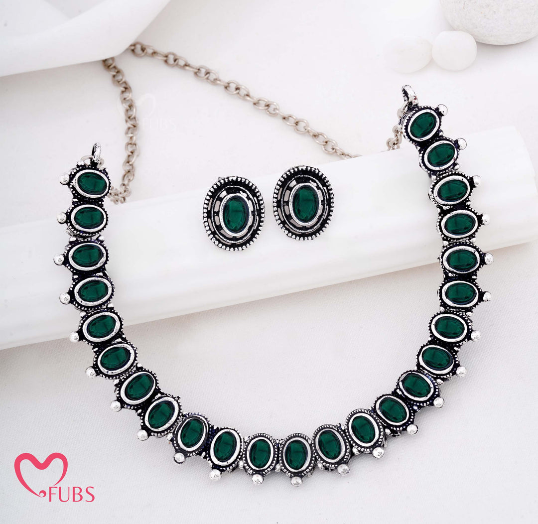 Antique Oval Stone Necklace with Matching Stud Earrings