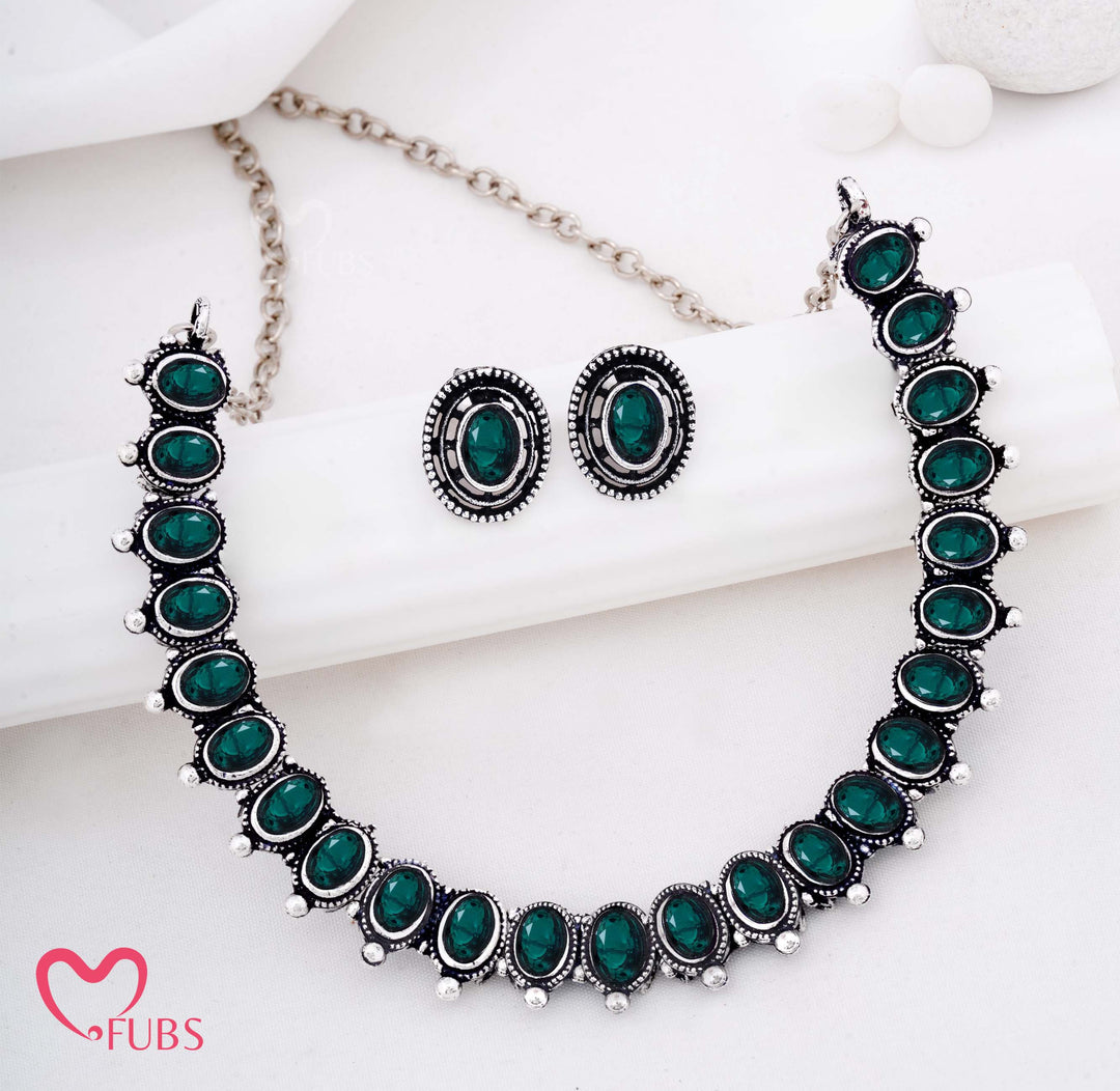 Antique Oval Stone Necklace with Matching Stud Earrings