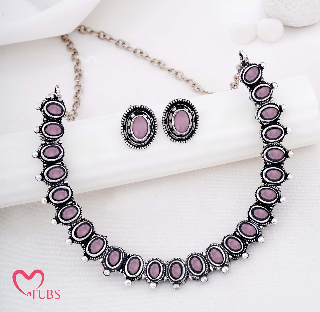 Antique Oval Stone Necklace with Matching Stud Earrings