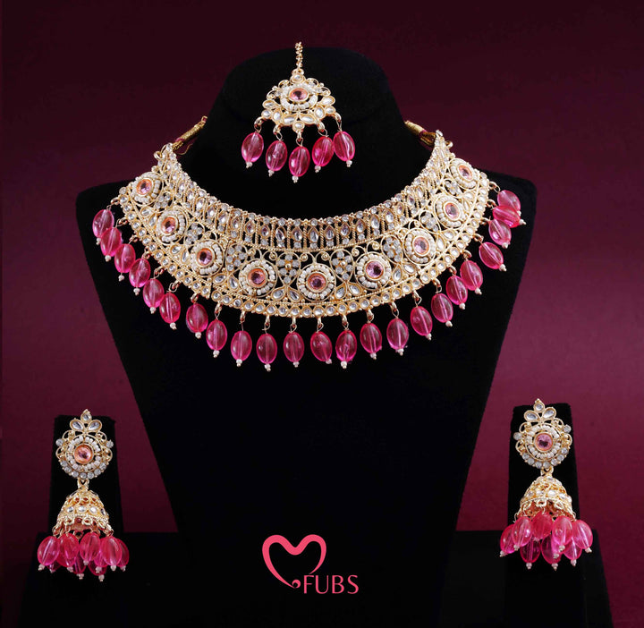 Gold Finish Kundan Choker, Jhumka & Maang Tikka Set