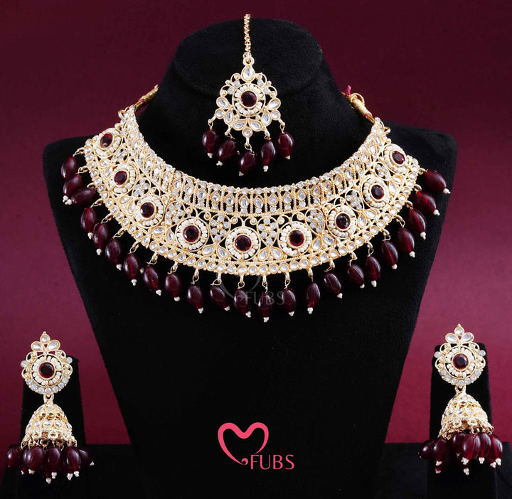Gold Finish Kundan Choker, Jhumka & Maang Tikka Set