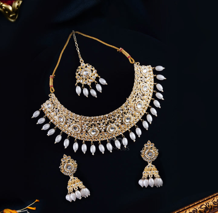 Gold Finish Kundan Choker, Jhumka & Maang Tikka Set