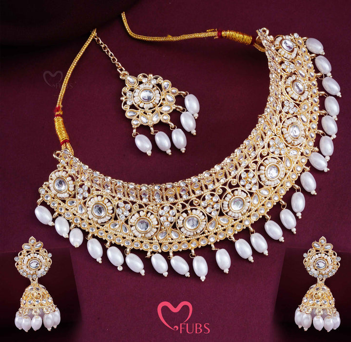Gold Finish Kundan Choker, Jhumka & Maang Tikka Set