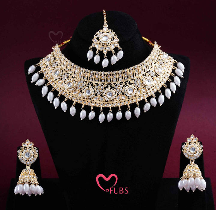 Gold Finish Kundan Choker, Jhumka & Maang Tikka Set