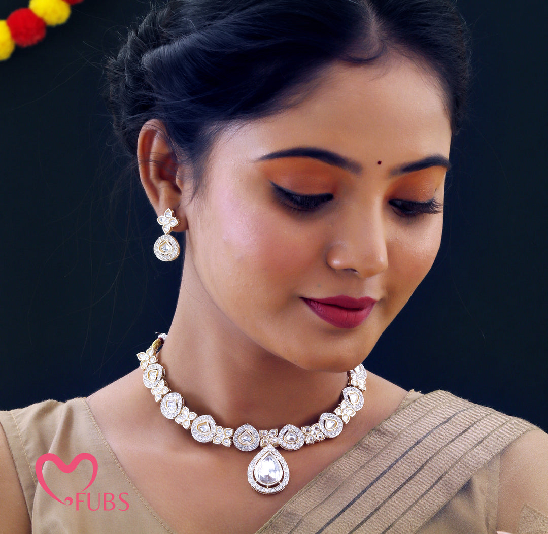 Traditional Polki Kundan Necklace Set with Earrings for Festive Wear