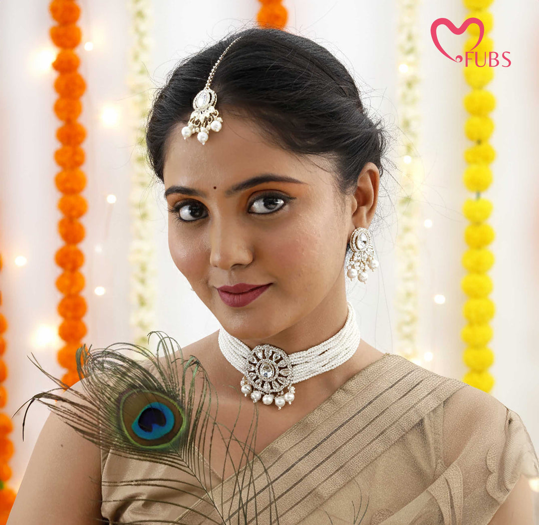 Traditional Kundan & Pearl Bridal Choker Set with Maang Tikka