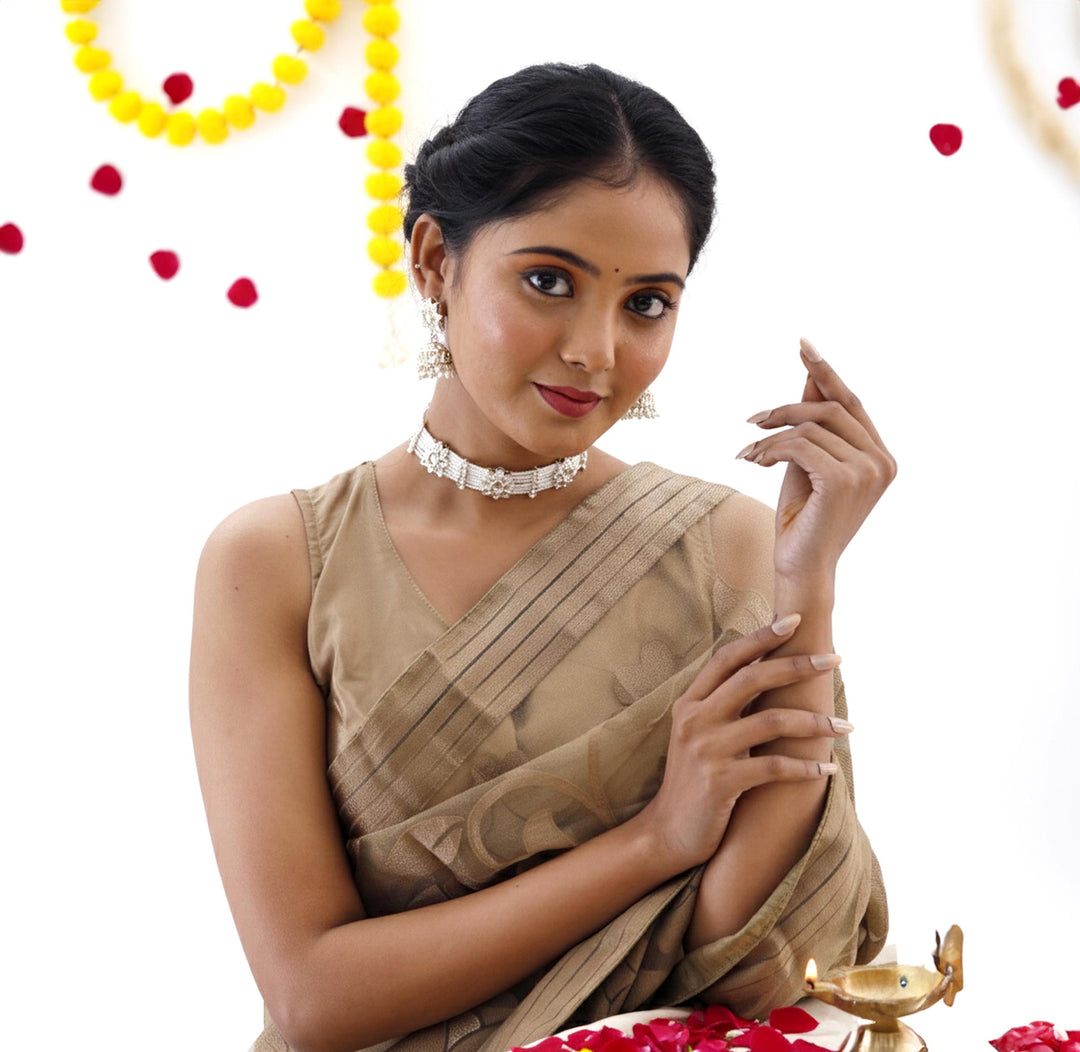 Traditional White Pearl Choker Necklace Set with Gold Jhumka Earrings