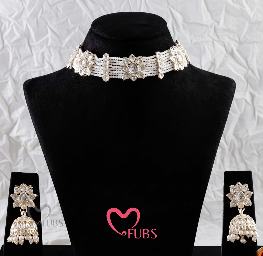 Traditional White Pearl Choker Necklace Set with Gold Jhumka Earrings