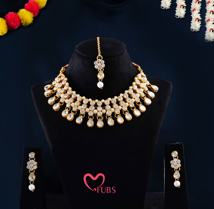 Elegant Pearl Drop Choker & Tikka Set