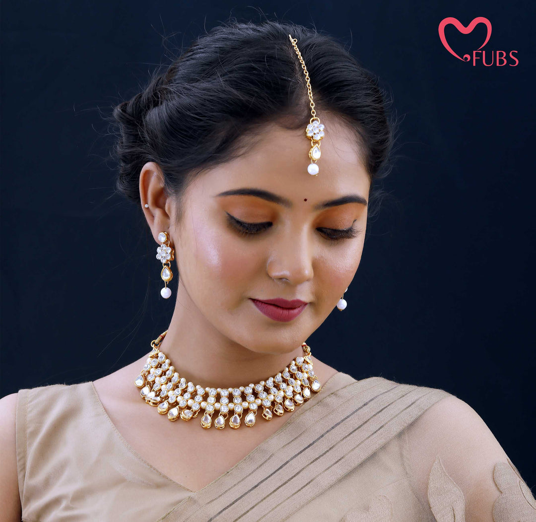 Elegant Pearl Drop Choker & Tikka Set