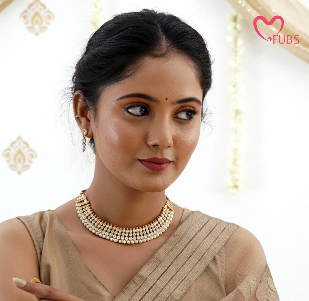 The "Virasat" Stone-Studded Gold Plated Choker with Pearl Border