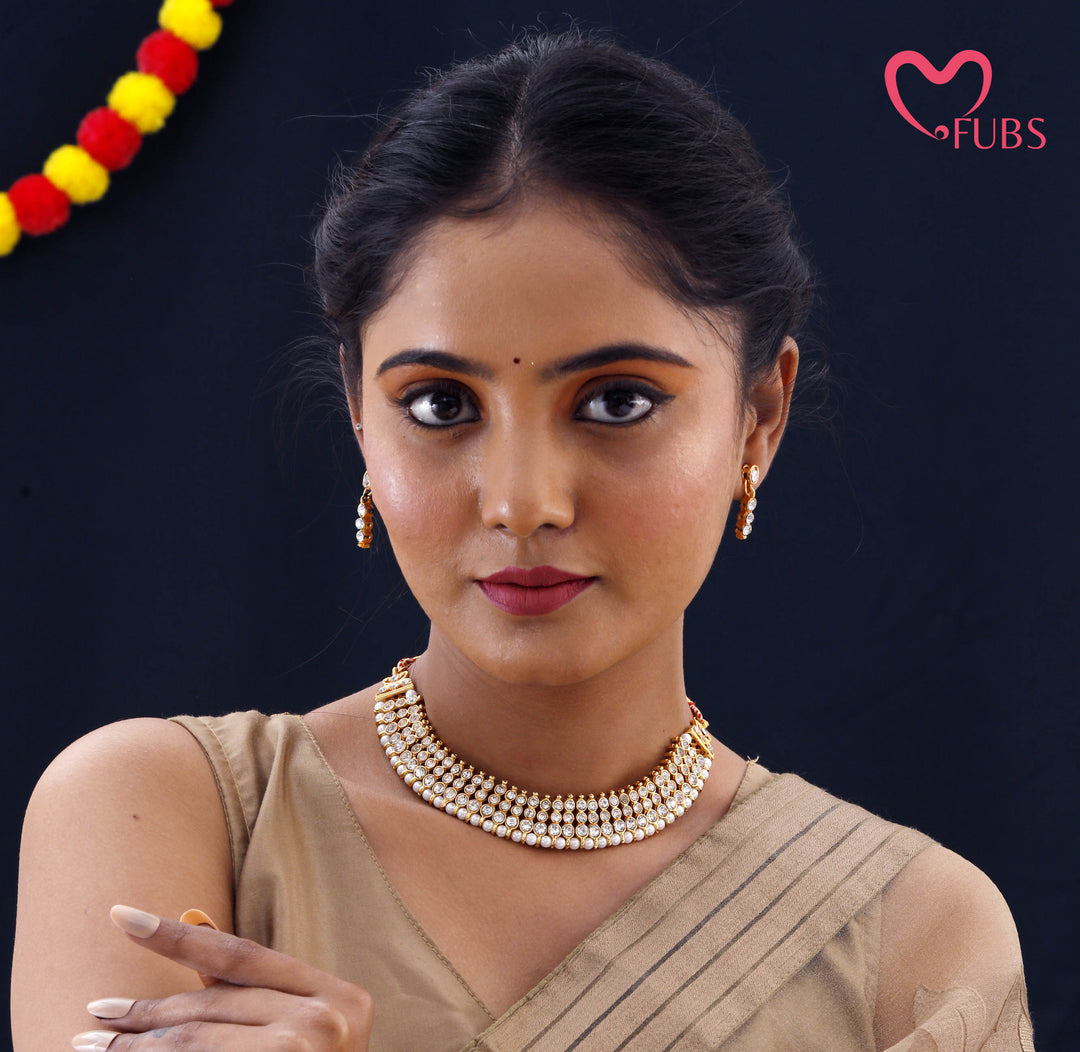 The "Virasat" Stone-Studded Gold Plated Choker with Pearl Border
