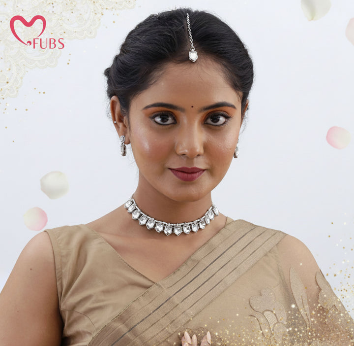 "Aura" Minimalist Oxidised-Finish Stone Choker Set with Delicate Maang Tikka