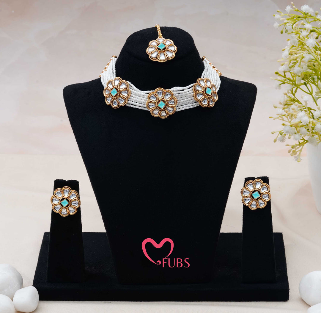Artisanal Floral Motif Multi-Layered Pearl Choker and Stud Set