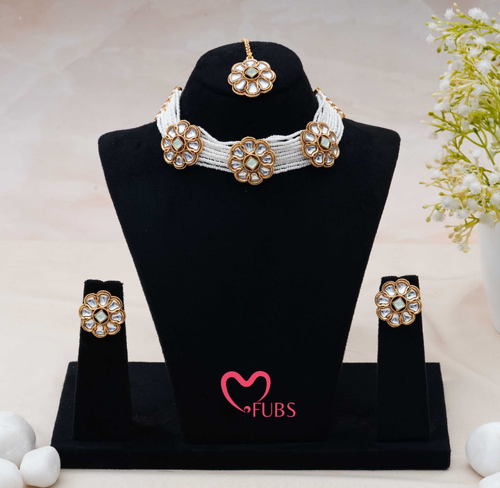 Artisanal Floral Motif Multi-Layered Pearl Choker and Stud Set