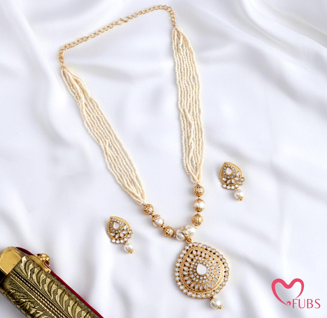 Majestic Long Pearl Mala with Intricate Stone-Work Pendant Set