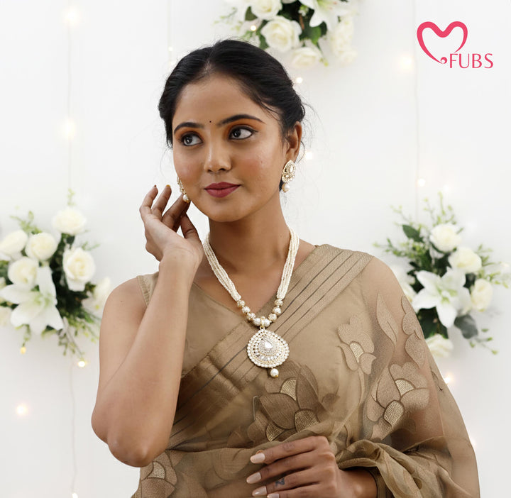 Majestic Long Pearl Mala with Intricate Stone-Work Pendant Set