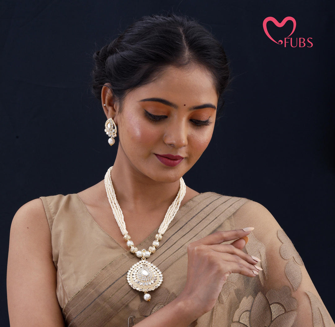 Majestic Long Pearl Mala with Intricate Stone-Work Pendant Set