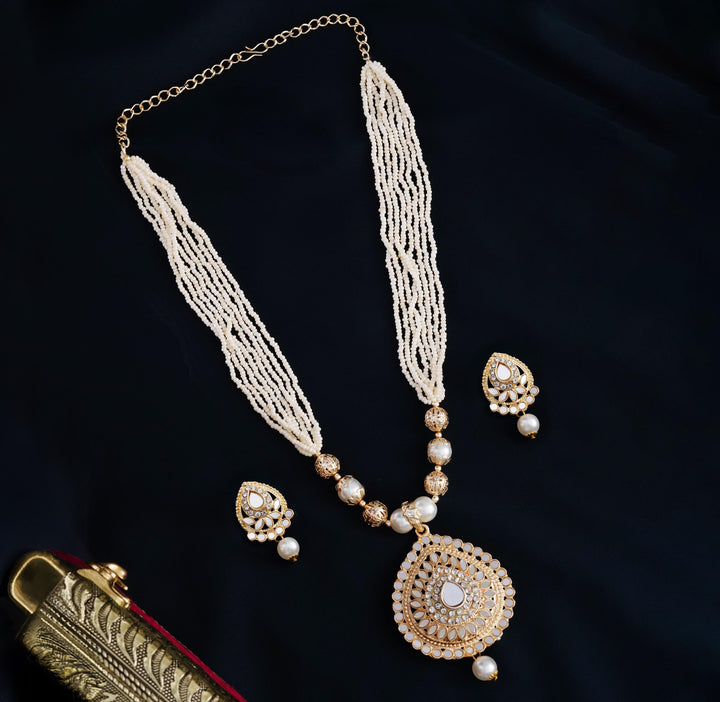 Majestic Long Pearl Mala with Intricate Stone-Work Pendant Set