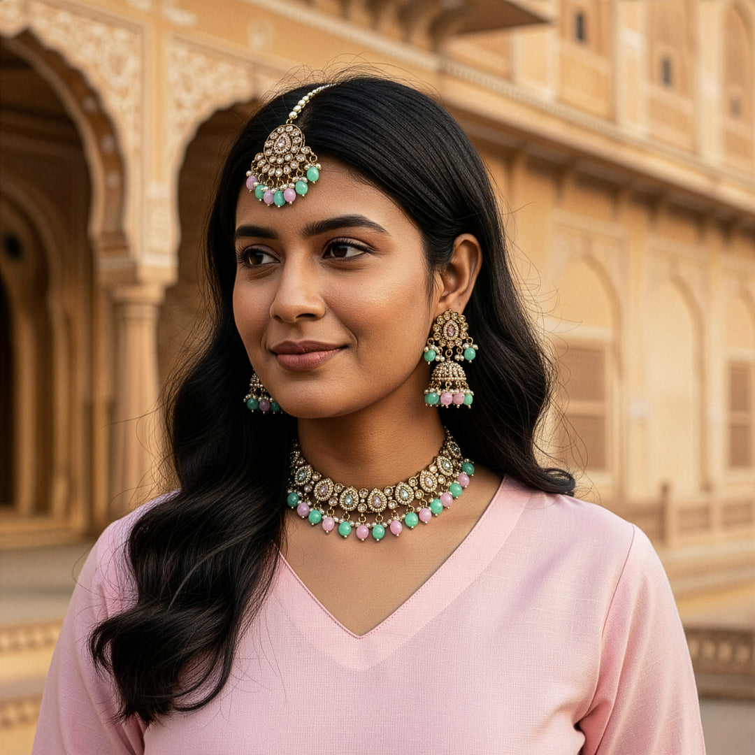 Artisanal Floral Motif Gold-Finish Necklace Set with Jhumka Earrings & Maang Tikka