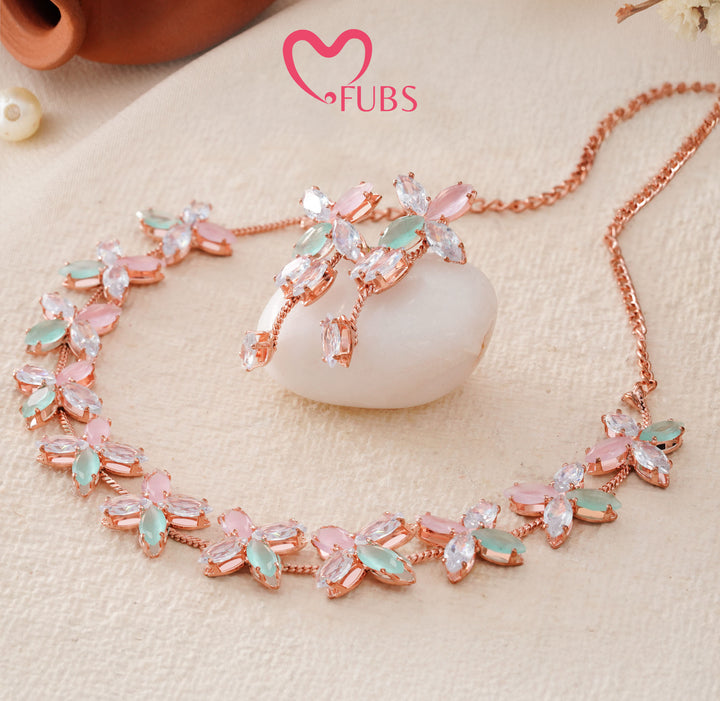Rose-Finish Floral Marquise Stone Necklace Set