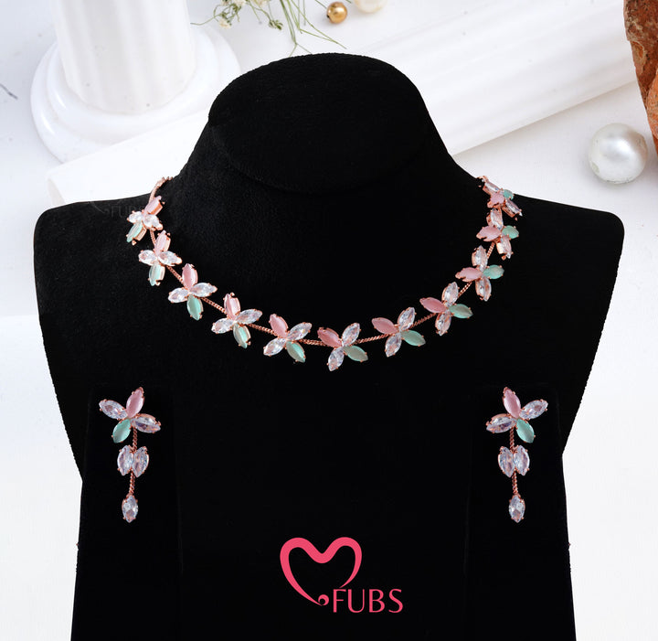Rose-Finish Floral Marquise Stone Necklace Set